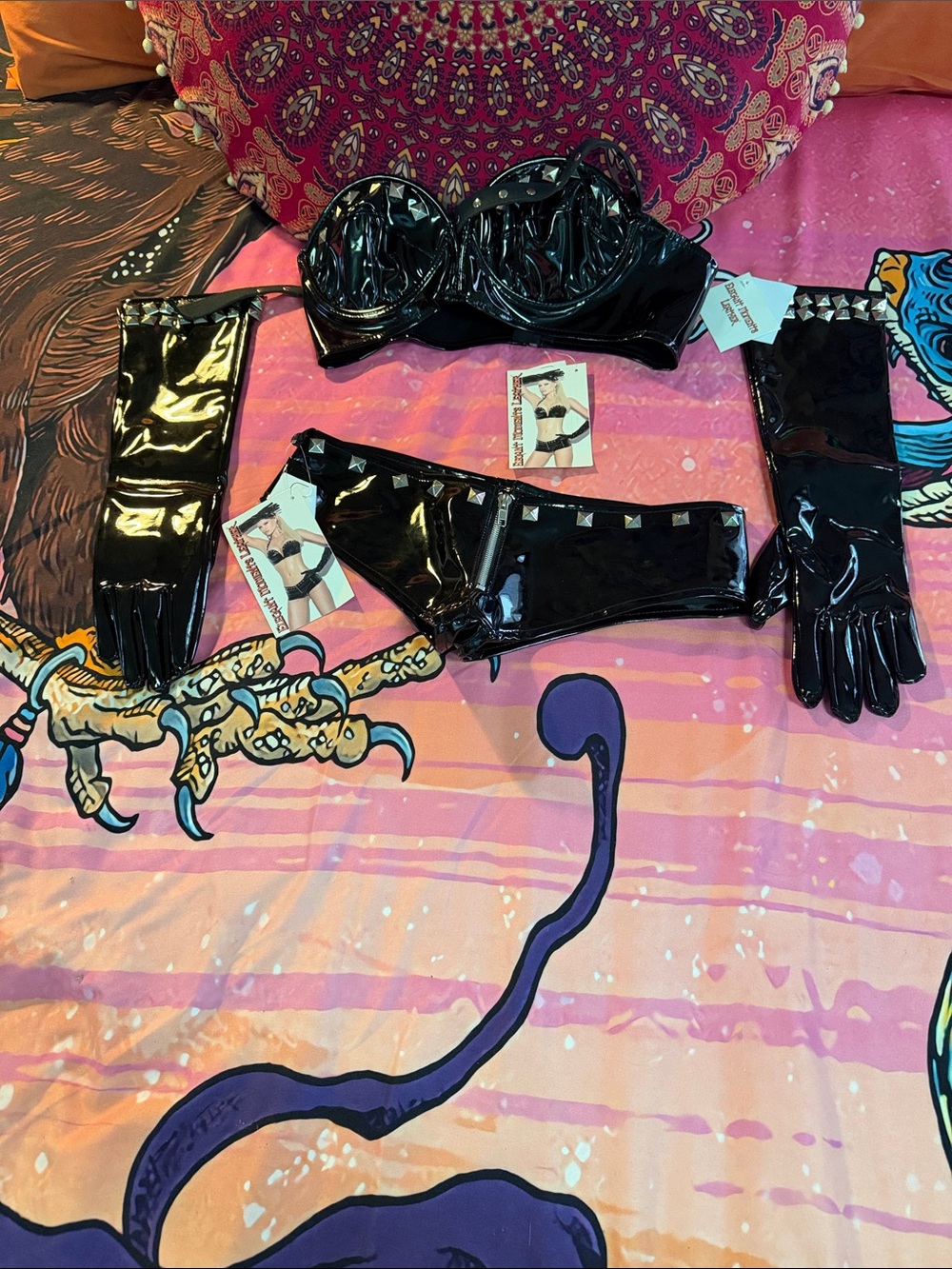 Elegant Moments Black Patent Studded Lingerie Set with Long Gloves